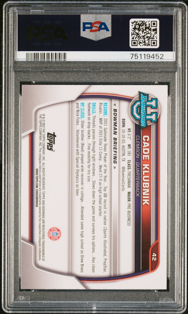 Graded 2022 Topps Bowman University Cade Klubnik #42 Chrome Prospects Rookie RC Football Card PSA 10 Gem Mint (ONLINE ORDER ONLY)