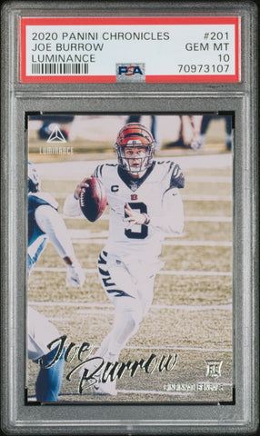 Graded 2020 Panini Chronicles Joe Burrow #201 Luminance Rookie RC Football Card PSA 10 Gem Mint (ONLINE ORDER ONLY)
