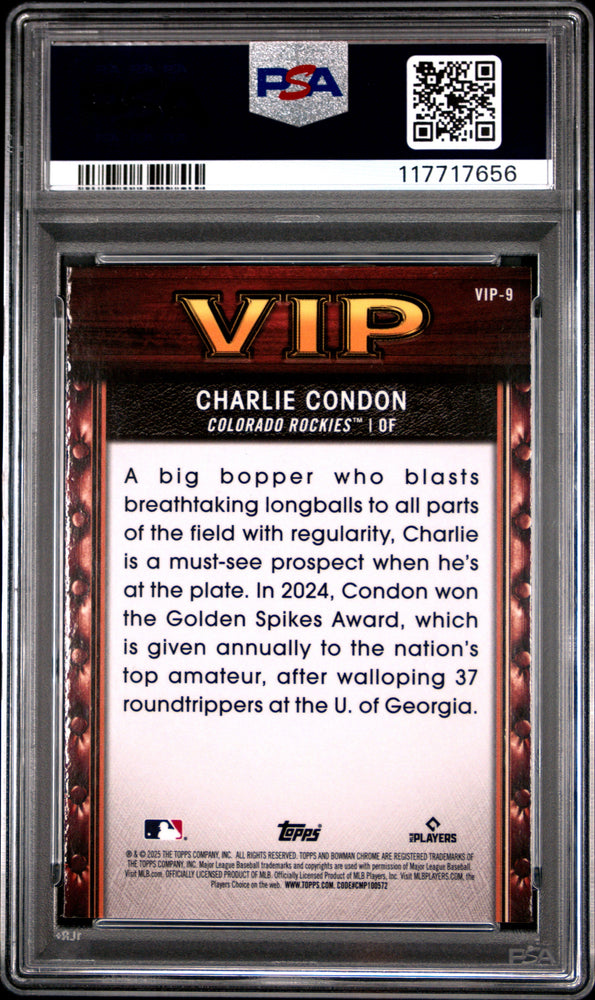 Graded 2025 Topps Bowman Charlie Condon #VIP9 Very Important Prospects Rookie RC Baseball Card PSA 10 Gem Mint (ONLINE ORDER ONLY)