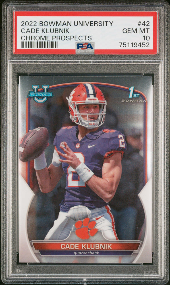Graded 2022 Topps Bowman University Cade Klubnik #42 Chrome Prospects Rookie RC Football Card PSA 10 Gem Mint (ONLINE ORDER ONLY)