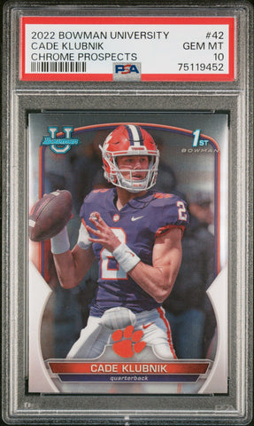 Graded 2022 Topps Bowman University Cade Klubnik #42 Chrome Prospects Rookie RC Football Card PSA 10 Gem Mint (ONLINE ORDER ONLY)
