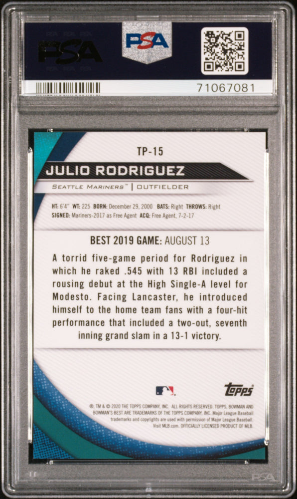 Graded 2020 Topps Bowmans Best Julio Rodriguez #TP15 Top Prospects Atomic Refractor Rookie RC Baseball Card PSA 10 Gem Mint (ONLINE ORDER ONLY)