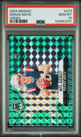 Graded 2024 Panini Mosaic Drake Maye #273 Green Rookie RC Football Card PSA 10 Gem Mint (ONLINE ORDER ONLY)