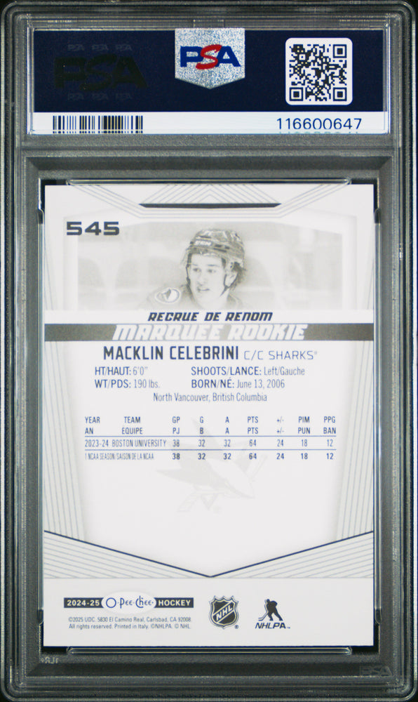 Graded 2024 Upper Deck O-Pee-Chee Macklin Celebrini #545 Rookie RC Hockey Card PSA 10 Gem Mint (ONLINE ORDER ONLY)
