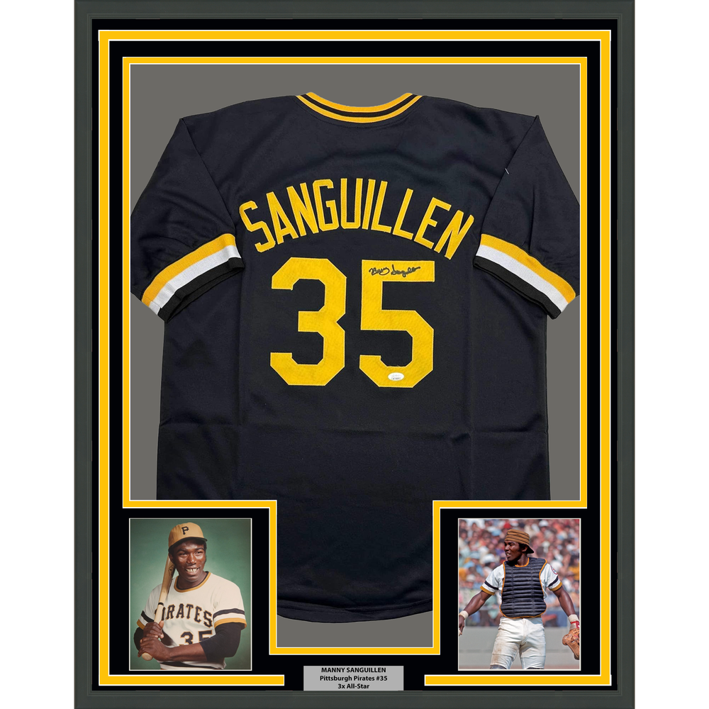 Framed Autographed/Signed Manny Sanguillen 35x39 Pittsburgh Black Baseball Jersey JSA COA