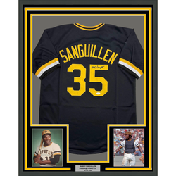 Framed Autographed/Signed Manny Sanguillen 35x39 Pittsburgh Black Baseball Jersey JSA COA