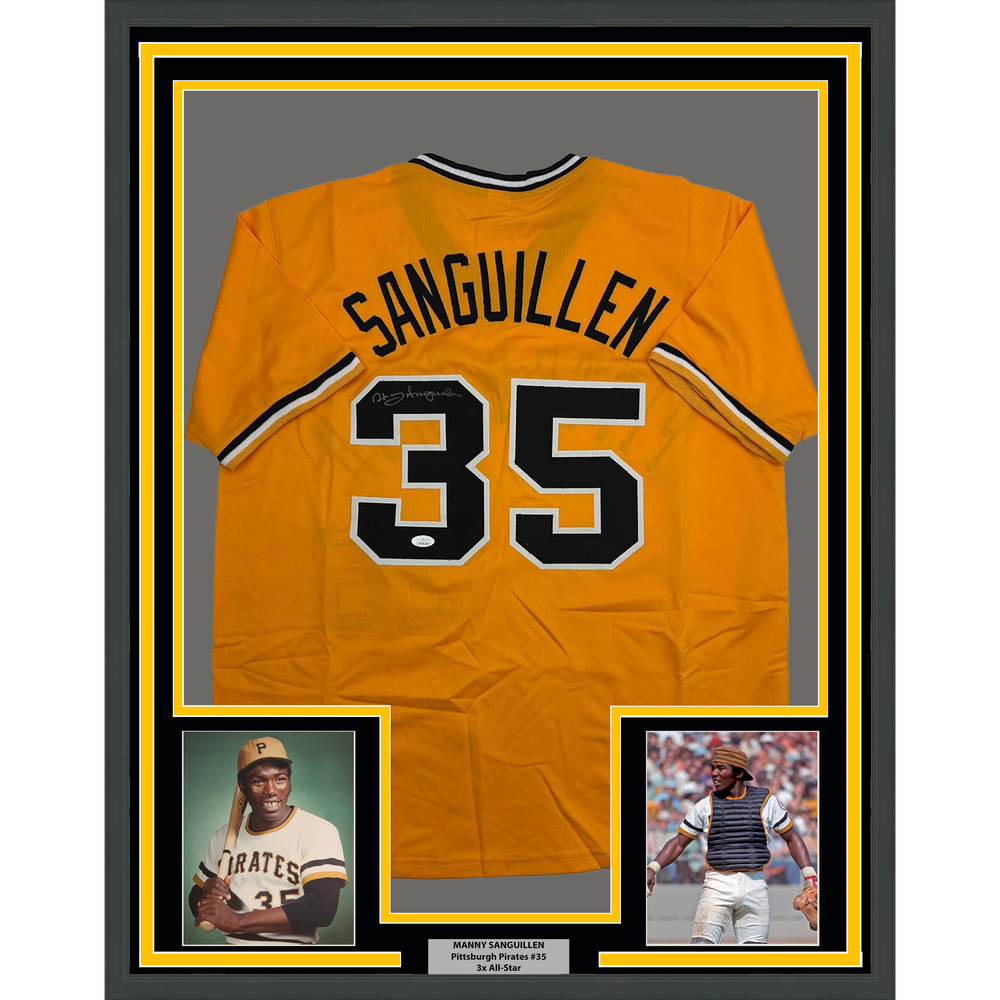 Framed Autographed/Signed Manny Sanguillen 35x39 Pittsburgh Yellow Baseball Jersey JSA COA