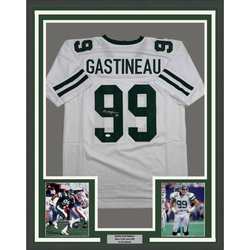 Framed Autographed/Signed Mark Gastineau 35x39 New York White Football Jersey JSA COA