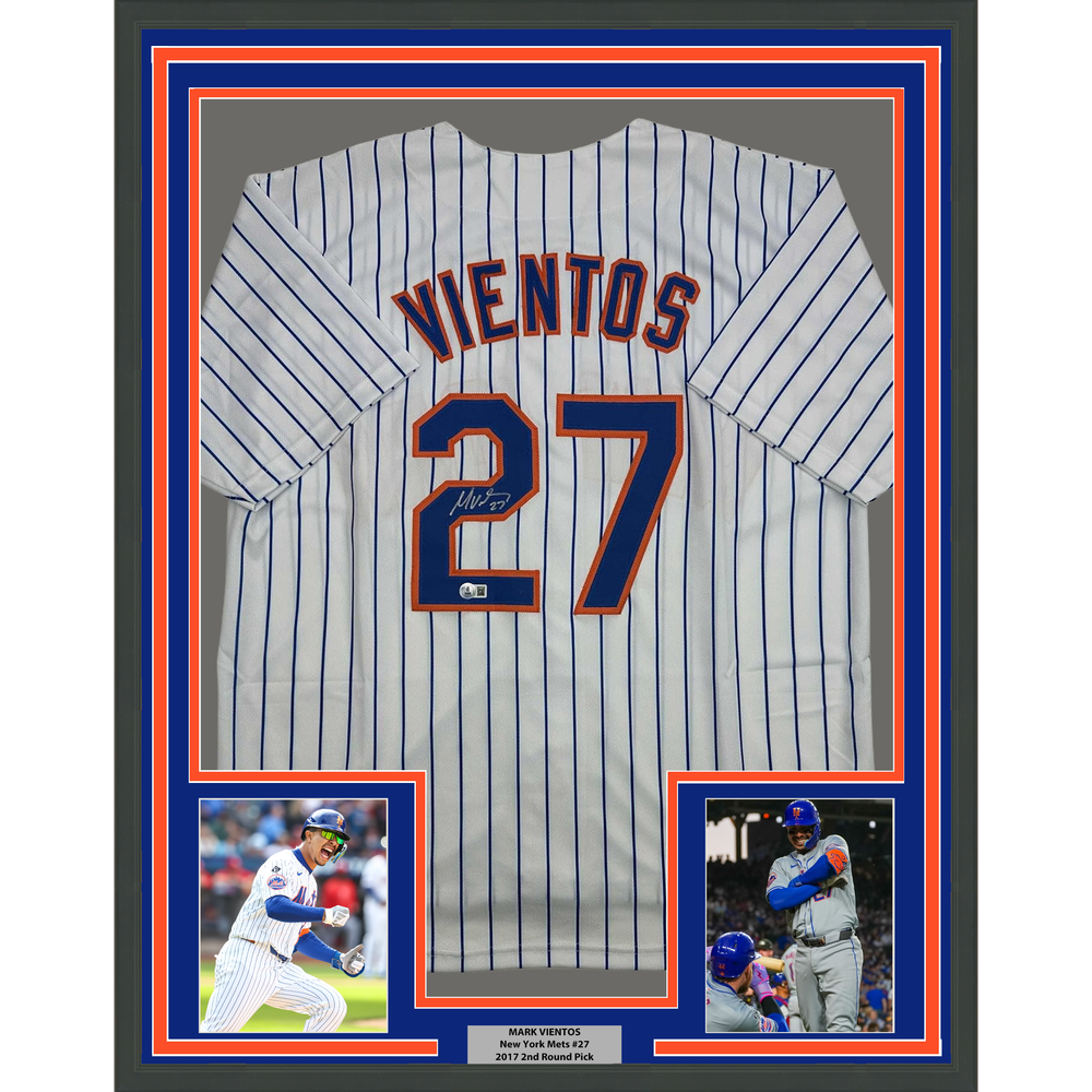 Framed Autographed/Signed Mark Vientos 35x39 New York Pinstripe Baseball Jersey Beckett BAS COA