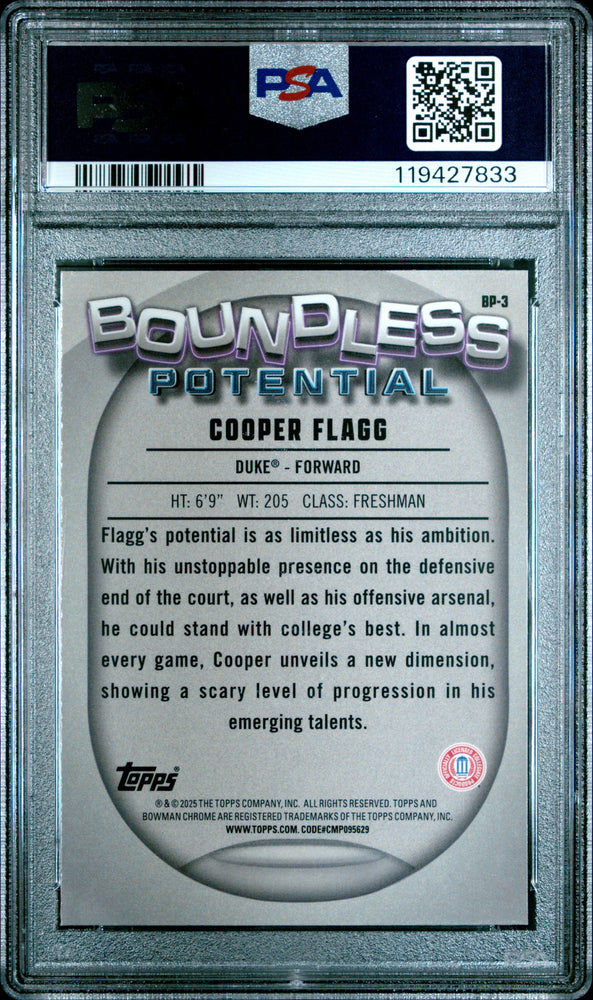 Graded 2024 Topps Bowman Chrome U Cooper Flagg #BP3 Boundless Potential Rookie RC Basketball Card PSA 10 Gem Mint (ONLINE ORDER ONLY)