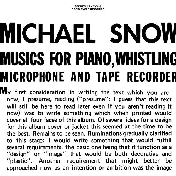 MICHAEL SNOW - Musics For Piano, Whistling, Microphone And Tape Recorder [Vinyl] (ONLINE ORDER ONLY)