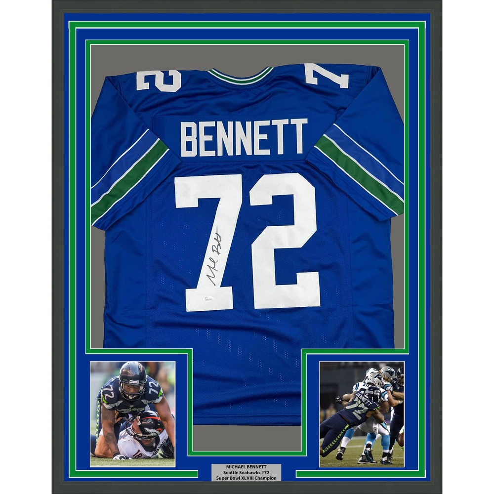 Framed Autographed/Signed Michael Bennett 35x39 Seattle Blue Retro Football Jersey JSA COA
