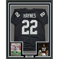 Framed Autographed/Signed Michael Mike Haynes 35x39 HOF 97 Oakland Black Football Jersey Beckett BAS COA