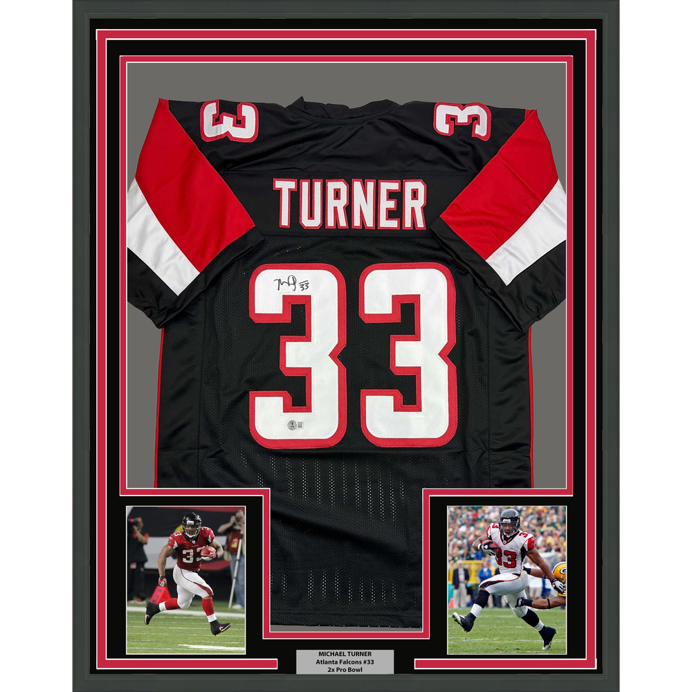 Framed Autographed/Signed Michael Turner 35x39 Atlanta Black Football Jersey Beckett BAS COA