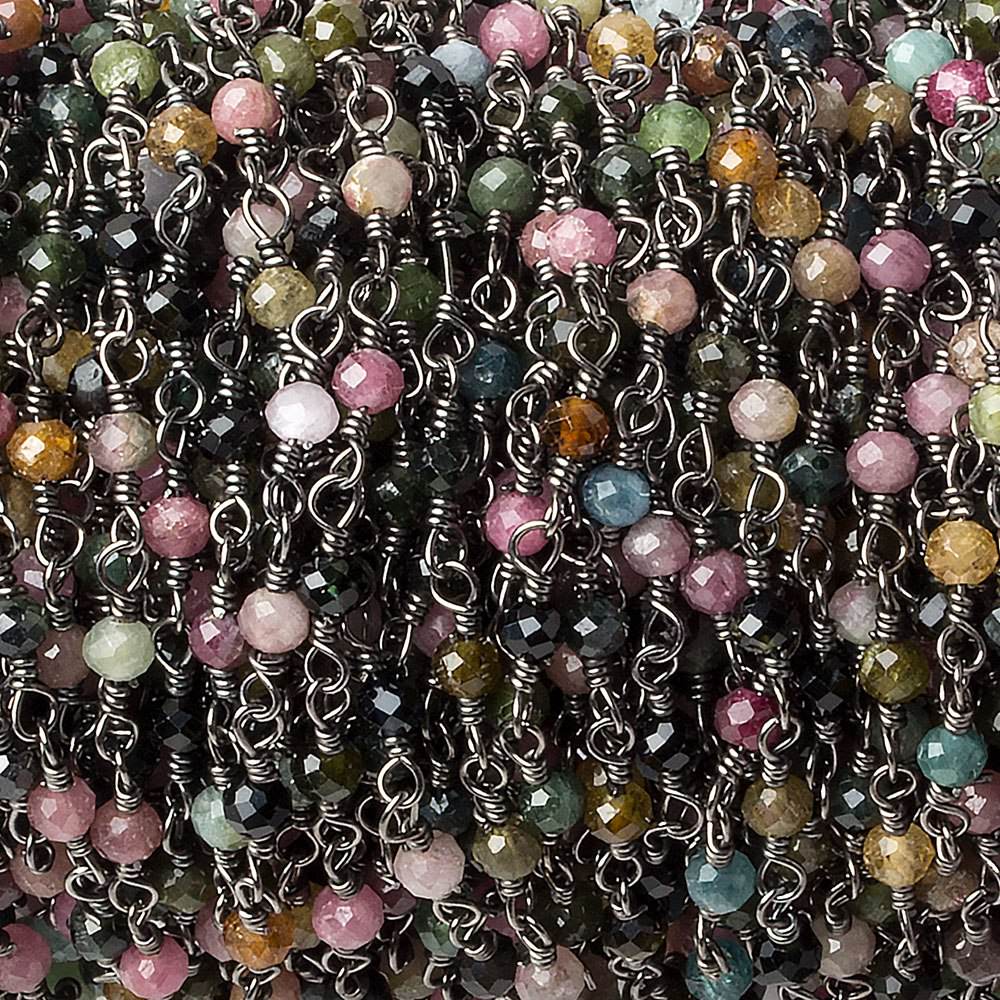 3mm Multi Color Tourmaline micro-faceted round Black Gold plated Chain by the foot 40 beads (ONLINE ORDER ONLY)