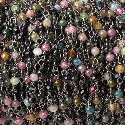 3mm Multi Color Tourmaline micro-faceted round Black Gold plated Chain by the foot 40 beads (ONLINE ORDER ONLY)
