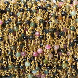 3mm Multi Color Tourmaline micro-faceted round Gold plated Chain by the foot 40 beads (ONLINE ORDER ONLY)