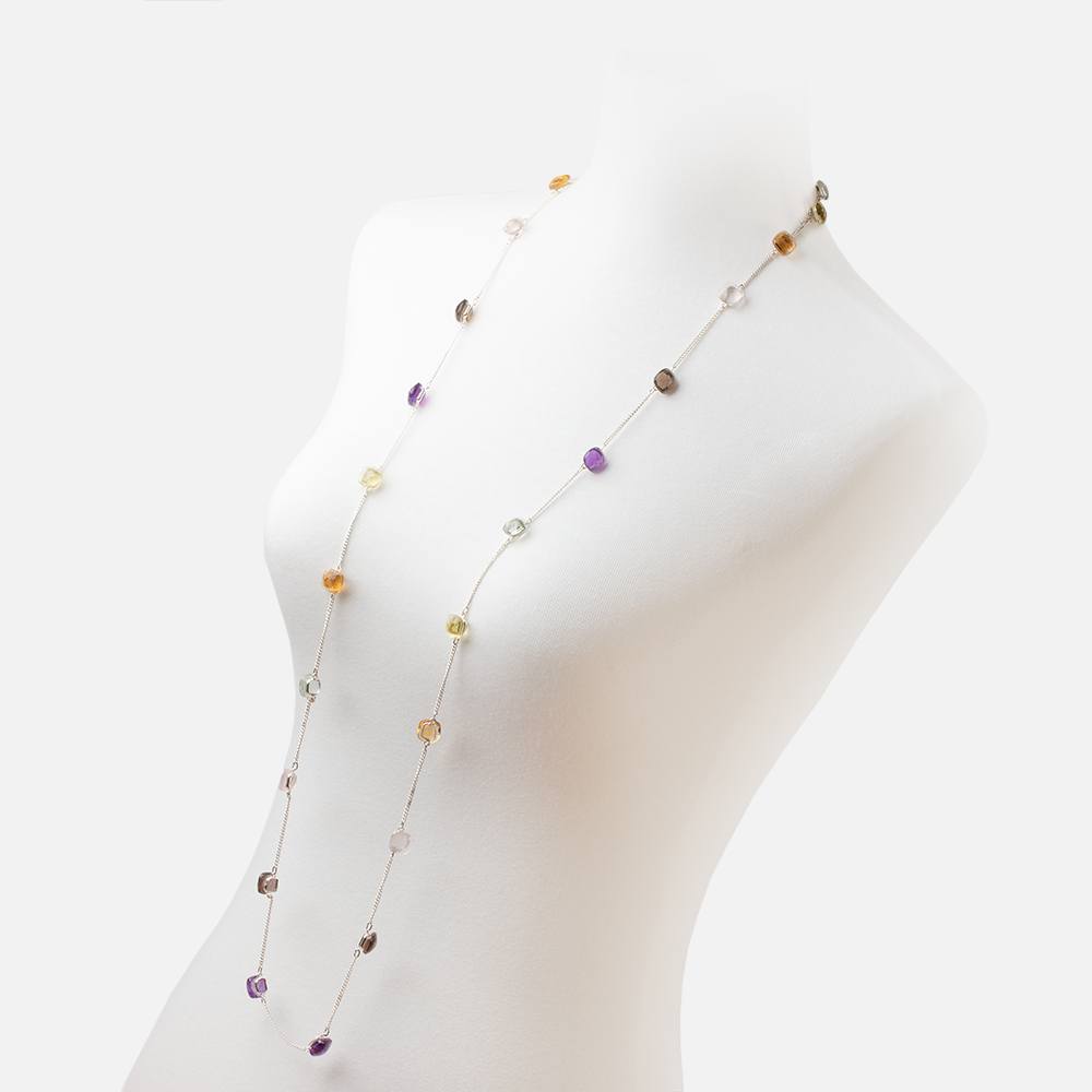 Multi Gemstone Faceted Cushion .925 Silver Bezel Set Chain Necklace AAA (ONLINE ORDER ONLY)