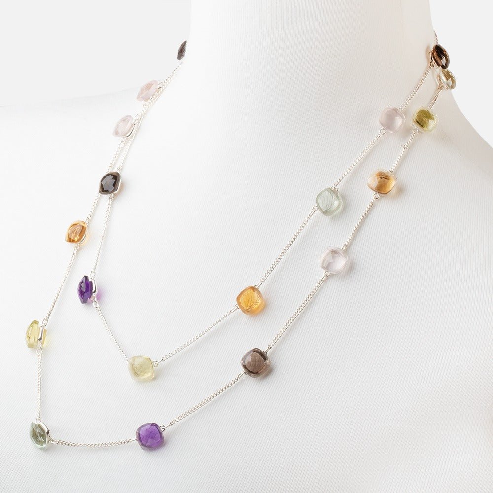 Multi Gemstone Faceted Cushion .925 Silver Bezel Set Chain Necklace AAA (ONLINE ORDER ONLY)