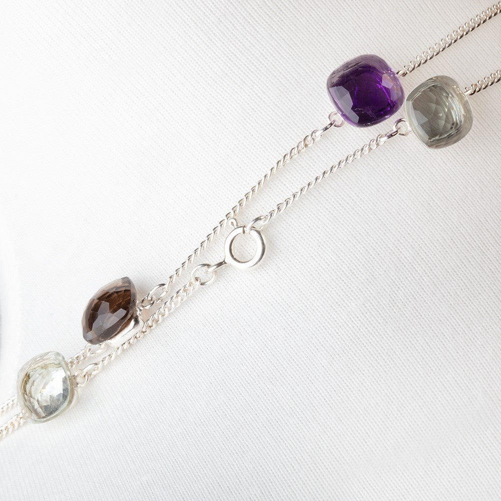 Multi Gemstone Faceted Cushion .925 Silver Bezel Set Chain Necklace AAA (ONLINE ORDER ONLY)