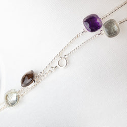 Multi Gemstone Faceted Cushion .925 Silver Bezel Set Chain Necklace AAA (ONLINE ORDER ONLY)
