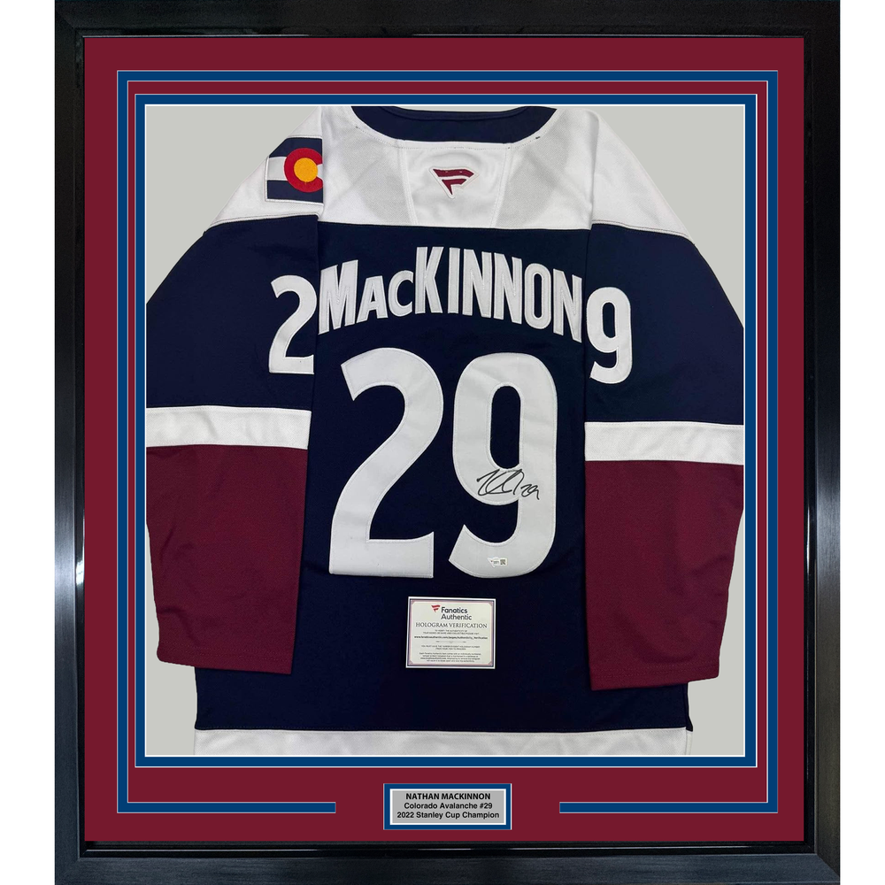 Framed Autographed/Signed Nathan MacKinnon 35x39 Colorado Avalanche Authentic Blue Hockey Jersey Fanatics COA