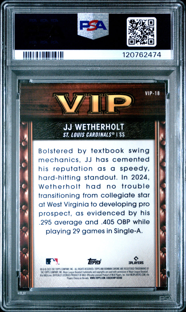 Graded 2025 Topps Bowman Mega Box JJ Wetherholt #VIP18 Very Important Prospects Rookie RC Baseball Card PSA 10 Gem Mint (ONLINE ORDER ONLY)