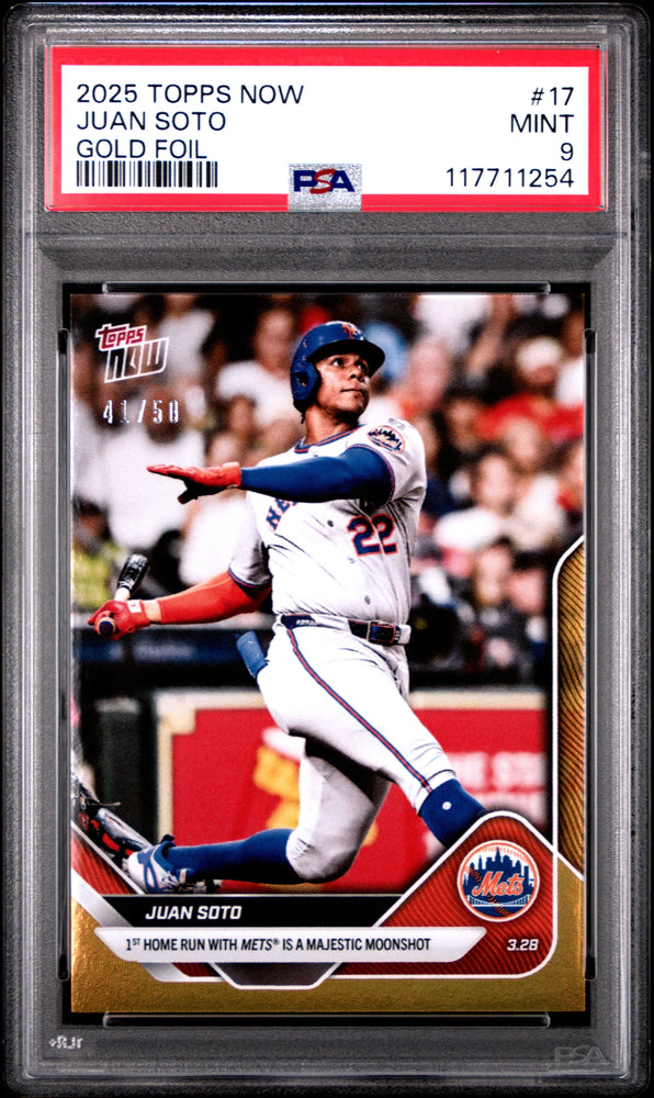 Graded 2025 Topps Now Juan Soto #17 Gold Foil /50 Baseball Card PSA 9 Mint (ONLINE ORDER ONLY)