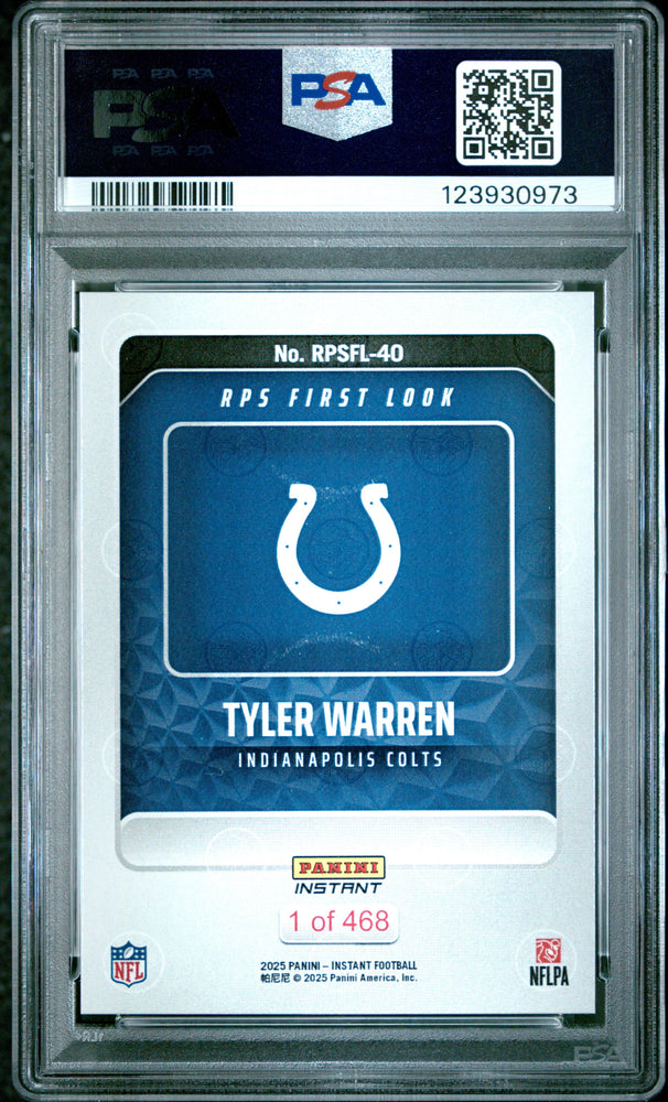 Graded 2025 Panini Instant Tyler Warren #RPSFL40 RPS First Look Rookie RC Football Card PSA 10 Gem Mint (ONLINE ORDER ONLY)