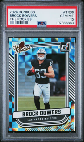 Graded 2024 Panini Donruss Brock Bowers #TR36 The Rookies Rookie RC Football Card PSA 10 Gem Mint (ONLINE ORDER ONLY)
