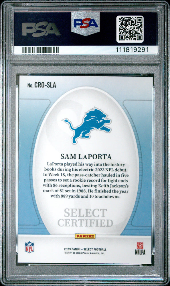Graded 2023 Panini Select Sam LaPorta #CROSLA Certified Rookies Rookie RC Football Card PSA 10 Gem Mint (ONLINE ORDER ONLY)