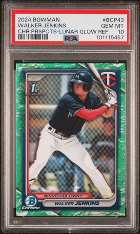 Graded 2024 Topps Bowman Walker Jenkins #BCP43 Chrome Prospects Lunar Glow Refractor Rookie RC Baseball Card PSA 10 Gem Mint (ONLINE ORDER ONLY)