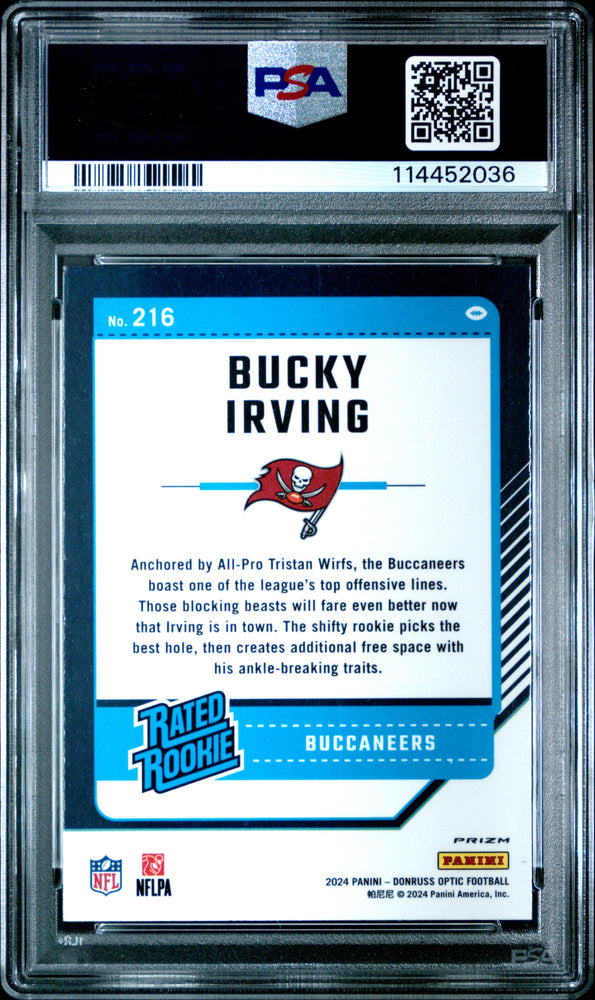 Graded 2024 Panini Donruss Optic Bucky Irving #216 Blue Hyper Rookie RC Football Card PSA 10 Gem Mint (ONLINE ORDER ONLY)