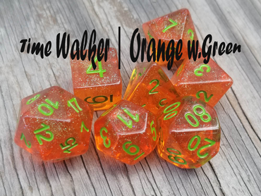 Time Walker | Orange w/Green Glitter 7-Dice Set RPG Dice Set (Online Only)