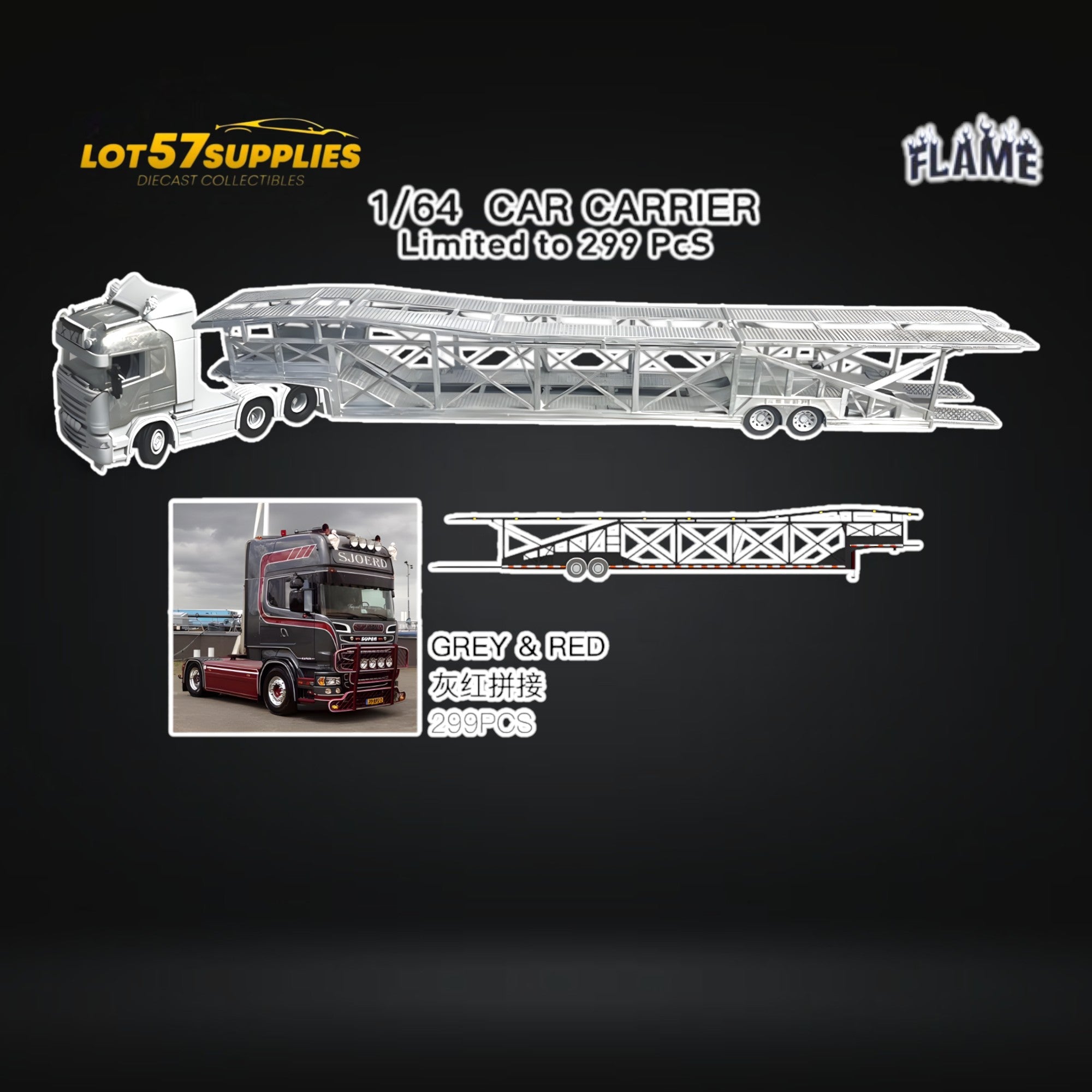 (Pre-Order) Flame Scania Car Carrier Transport Truck Grey Red 1:64 - Limited to 299 Pcs (ONLINE ORDER ONLY)