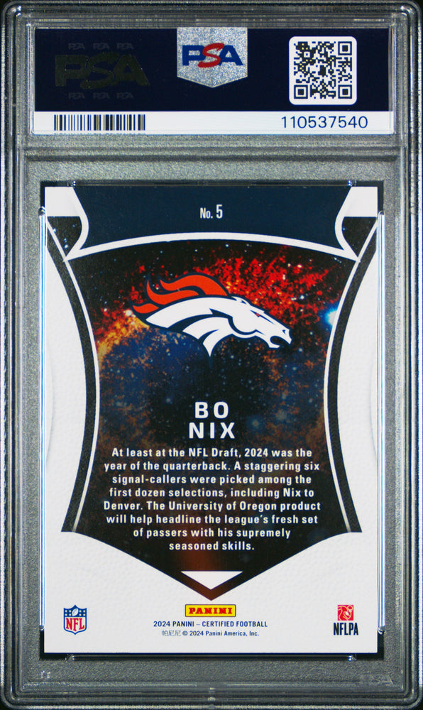 Graded 2024 Panini Certified Bo Nix #5 Certified Rookies Rookie RC Football Card PSA 10 Gem Mint (ONLINE ORDER ONLY)