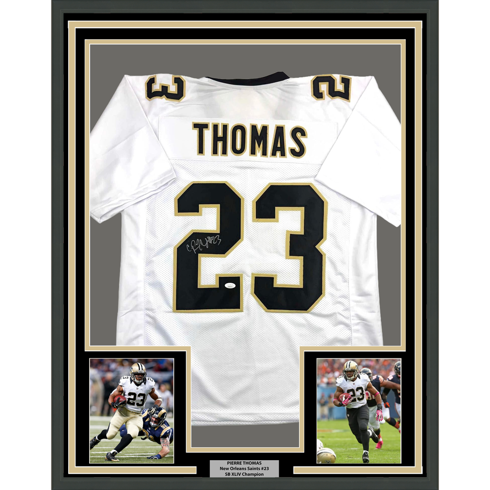 Framed Autographed/Signed Pierre Thomas 35x39 New Orleans White Football Jersey JSA COA