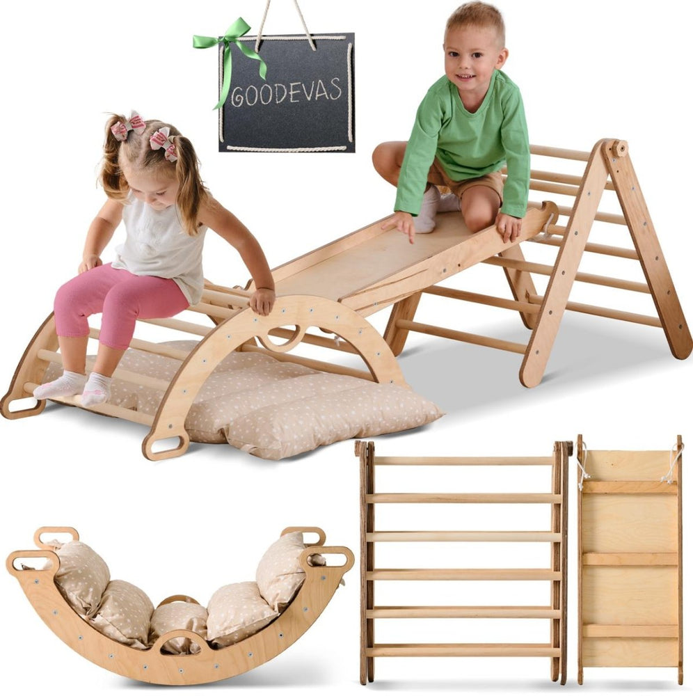Pikler Triangle Set for Toddlers: Triangle Ladder + Climbing Arch + Slide Board + Cushion (ONLINE ORDER ONLY)