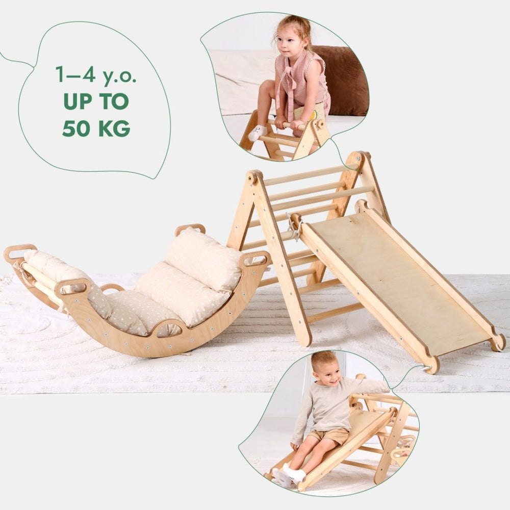 Pikler Triangle Set for Toddlers: Triangle Ladder + Climbing Arch + Slide Board + Cushion (ONLINE ORDER ONLY)