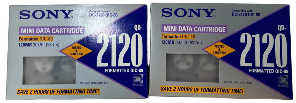 Lot of 2 Sony QD-2120 Formatted QIC-80 Mini Data Cartridge, 120MB, NEW (Online Order Only)