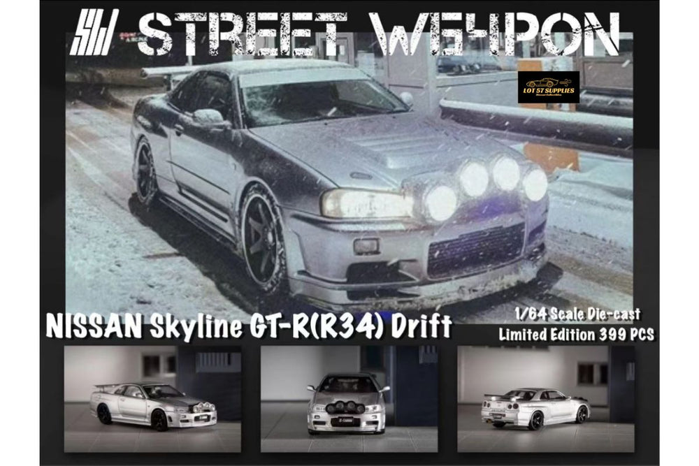 Street Weapon Nissan (R34) GT-R in Silver Snow Drift 1:64 (ONLINE ORDER ONLY)