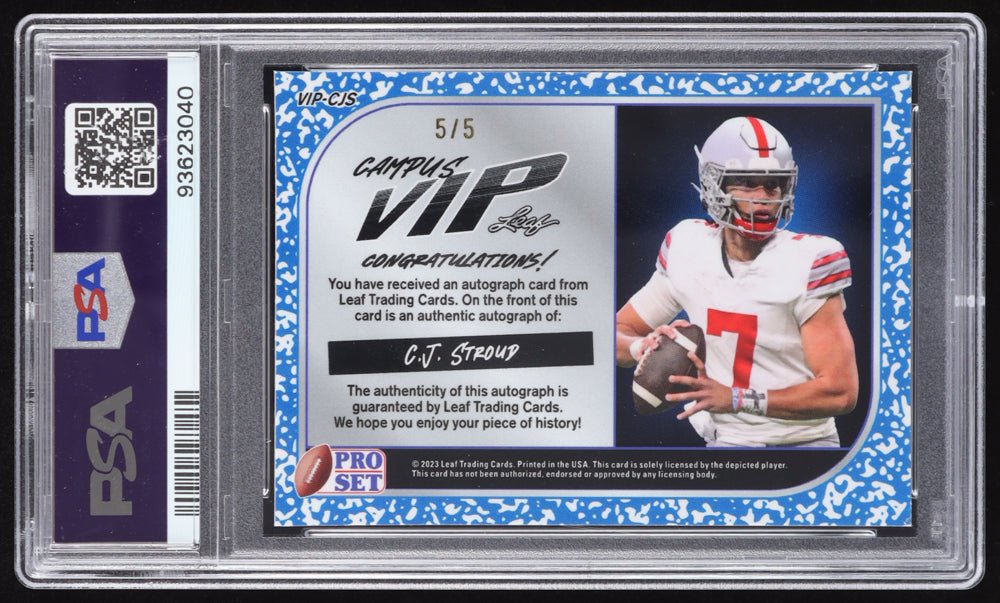 CJ Stroud 2023 Pro Set Metal Campus VIP Autographs Crystal Pink #VIPCJS RC #5/5 (PSA 9) Rookie Card | Serially Numbered #5 / 5 (Online Order Only)