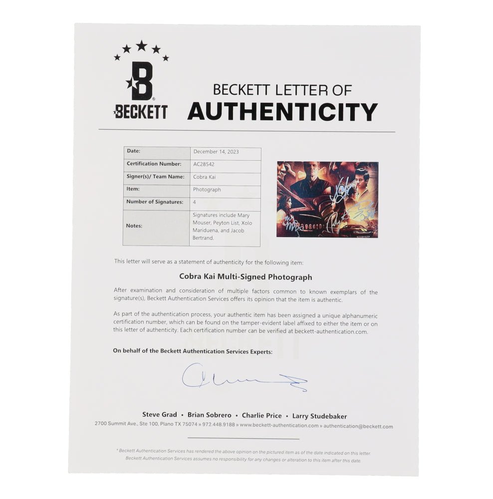 "Cobra Kai" 11x14 Photo Signed by (4) with Mary Mouser, Peyton List, Xolo Mariduena & Jacob Bertrand (Beckett) (Online Order Only)