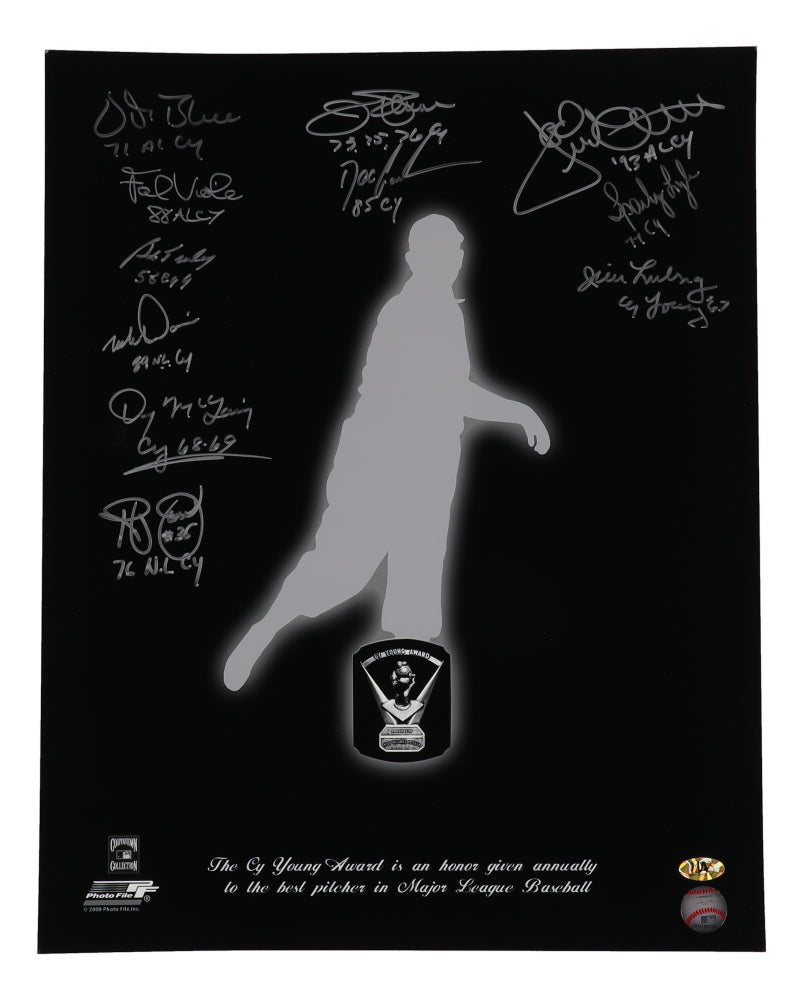 Cy Young Award Winners 16x20 Photo Signed by (11) with Frank Viola, Denny McClain, Bob Turley, Sparky Lyle with (11) Cy Young Award Year Inscriptions (MAB) (Online Order Only)