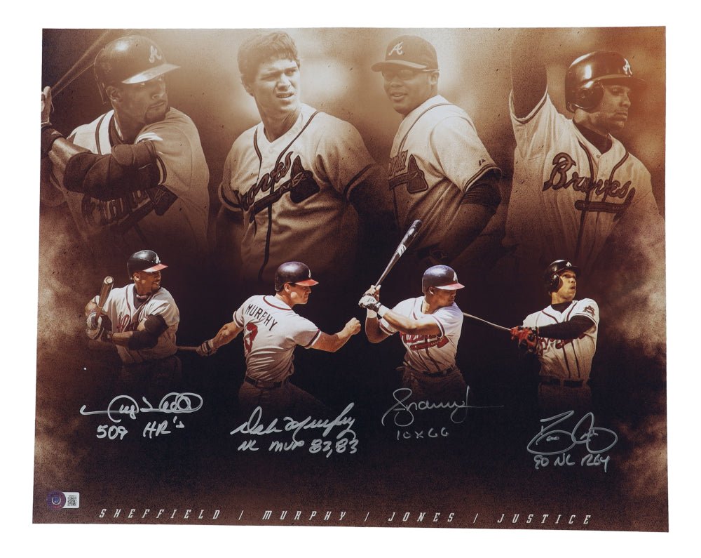 Dale Murphy, Dave justice, Andrew Jones & Gary Sheffield Signed Braves 16x20 Photo With (4) Career Stat Inscriptions (Beckett) (Online Order Only)