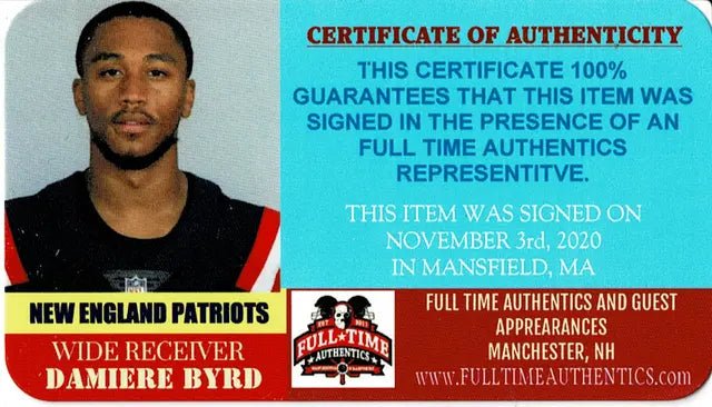 Damiere Byrd New England Patriots Autographed 8x10 Photo Full Time coa (Online Order Only)