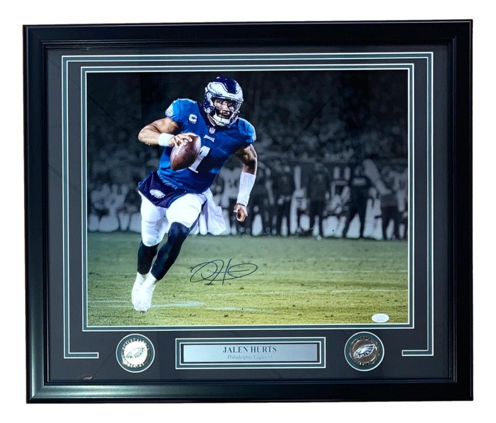 Jalen Hurts Signed Eagles Custom Framed Photo Display (JSA) JSA 22" by 27" (Online Order Only)