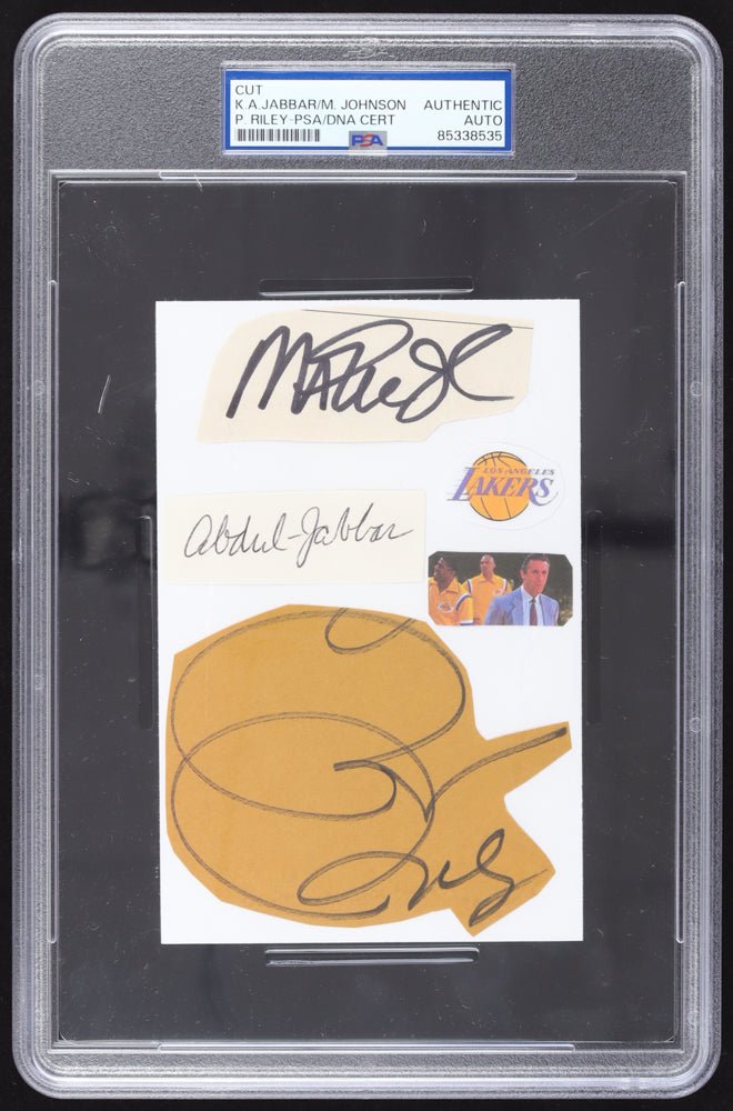 Kareem Abdul-Jabbar, Magic Johnson & Pat Riley Signed Showtime Lakers 4x6 (3) Cut Collage (PSA) (Online Order Only)