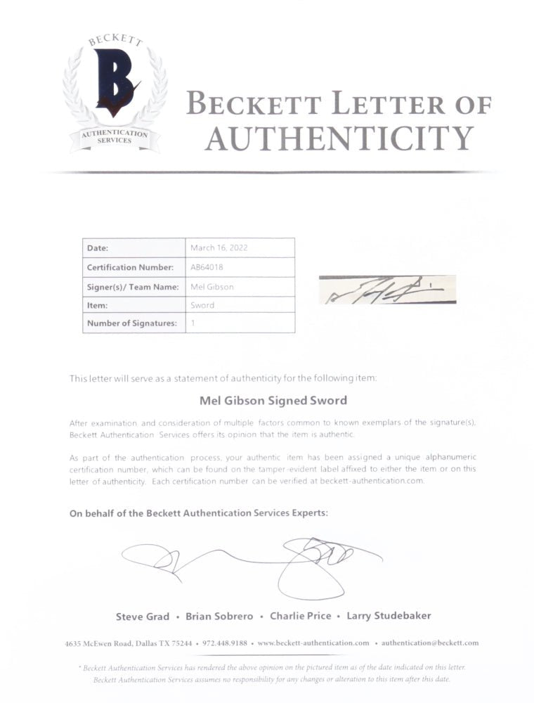 Mel Gibson Signed "Braveheart" Full-Size Prop Replica Sword (Beckett & Celebrity Authentics) (Online Order Only)