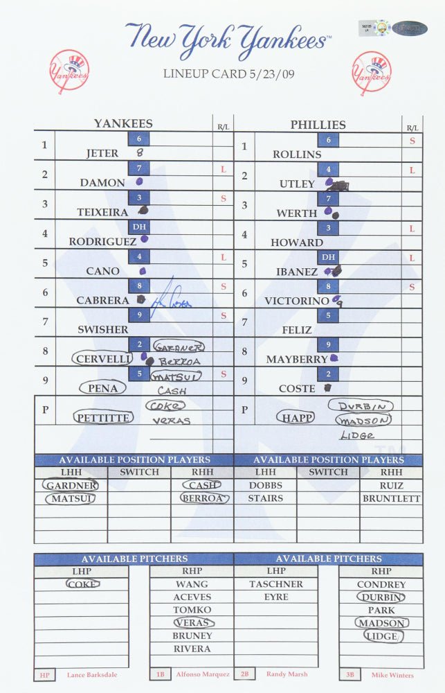 Melky Cabrera Signed Yankees 11x17 Lineup Card (Steiner & MLB) (Online Order Only)